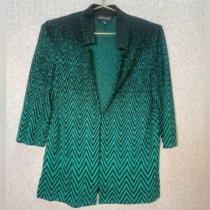 Ming Wang Green & Black Geometric Notch Neck Open Front 3/4 Sleeve Cardigan